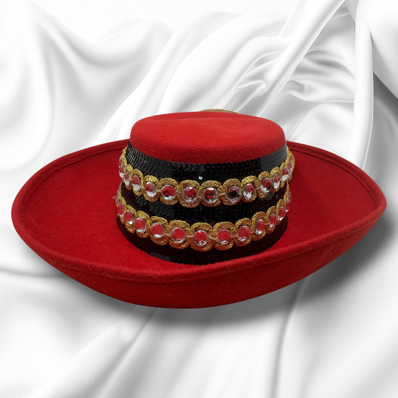 Vintage NEW Yehasso Red Wool Avant Garde Bolero Dress Hat Rhinestones Gold Bow main image 4